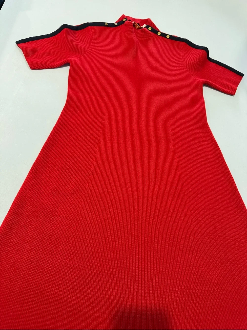 Tory Burch Sardy Merino Wool Sweater Dress Red Navy Gold Buttons L